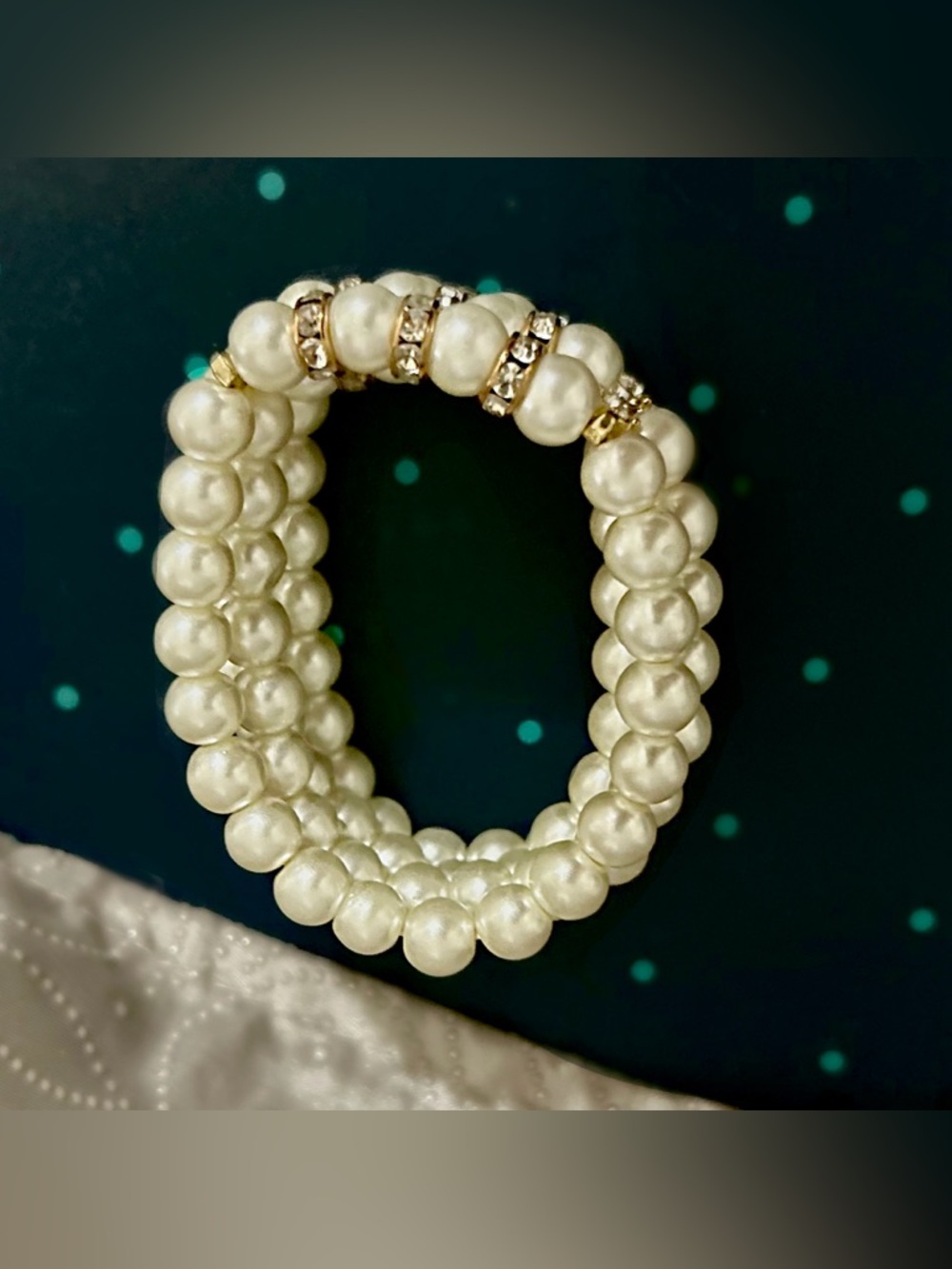 Beautiful Four-row Faux Pearl Stretch Bracelet with Gold & Crystal Accents - Picture 7 of 11